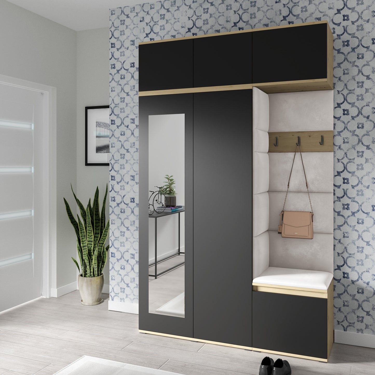 PK Emi 18 Hallway Wardrobe Artisan Oak / Black - Upholstered Panels in Various Colours