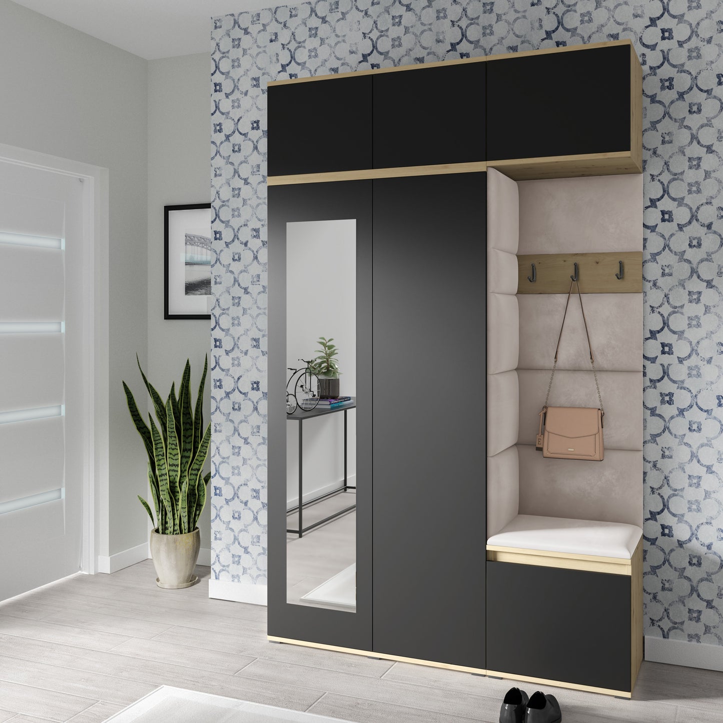 PK Emi 18 Hallway Wardrobe Artisan Oak / Black - Upholstered Panels in Various Colours