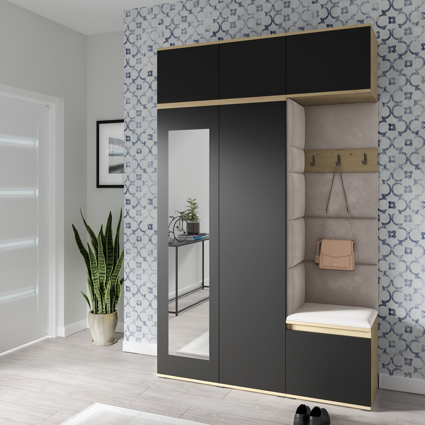 PK Emi 18 Hallway Wardrobe Artisan Oak / Black - Upholstered Panels in Various Colours