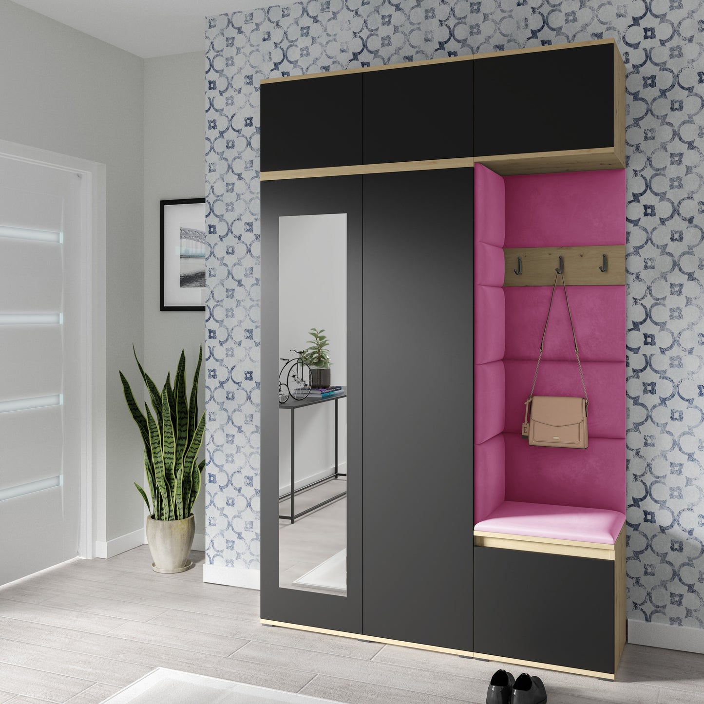PK Emi 18 Hallway Wardrobe Artisan Oak / Black - Upholstered Panels in Various Colours