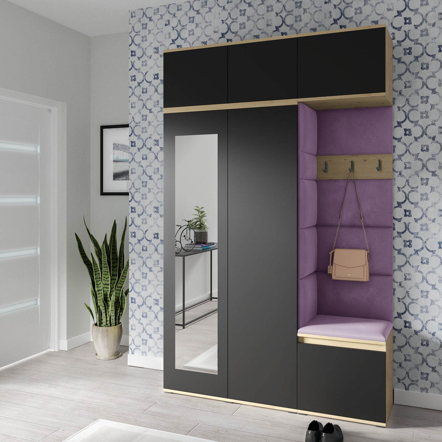 PK Emi 18 Hallway Wardrobe Artisan Oak / Black - Upholstered Panels in Various Colours