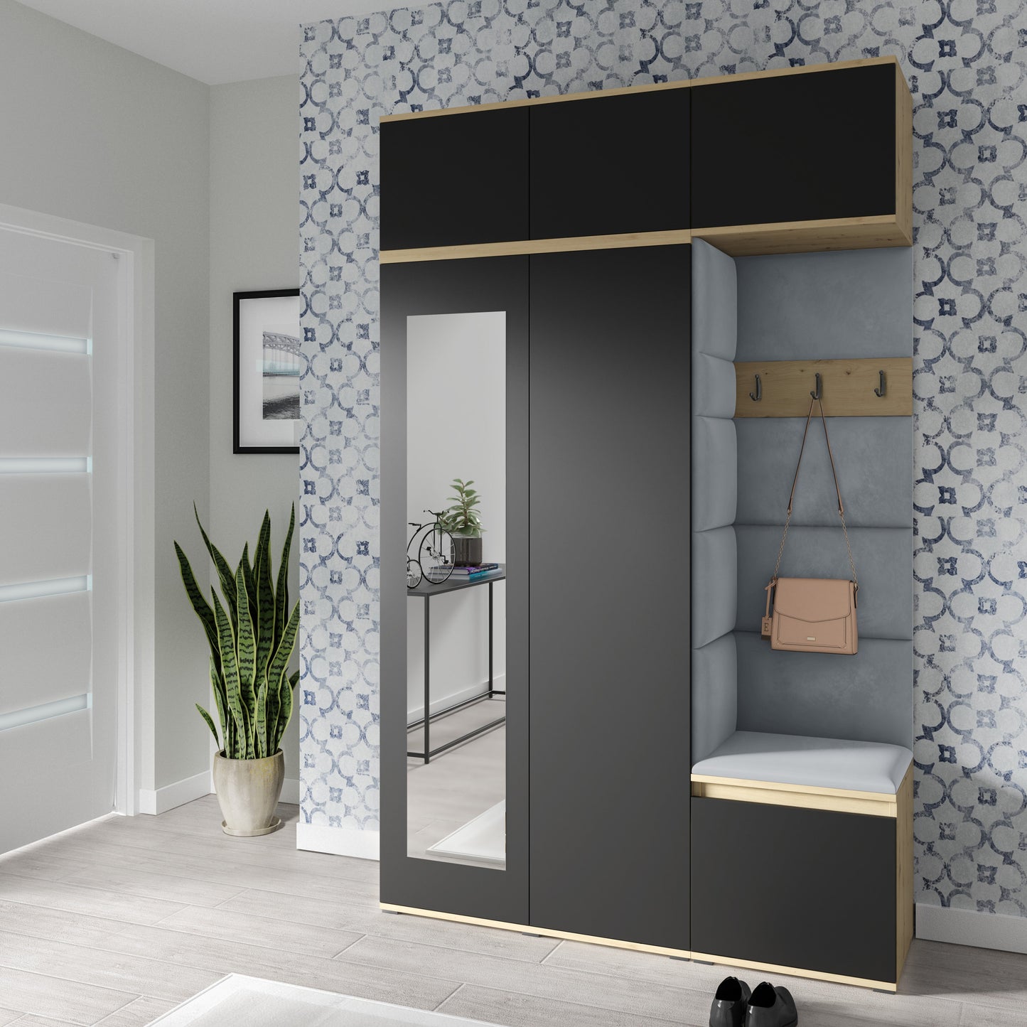 PK Emi 18 Hallway Wardrobe Artisan Oak / Black - Upholstered Panels in Various Colours