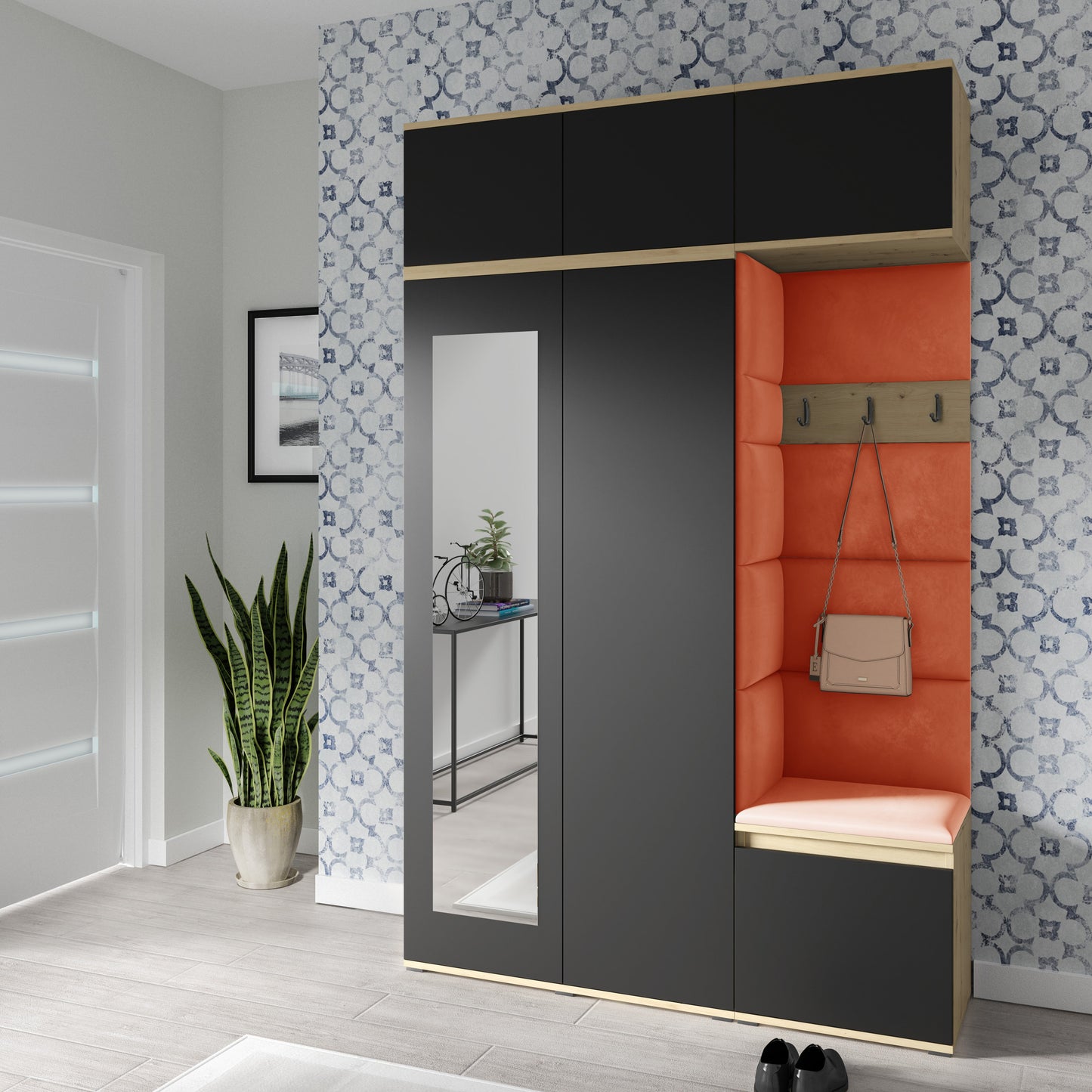 PK Emi 18 Hallway Wardrobe Artisan Oak / Black - Upholstered Panels in Various Colours