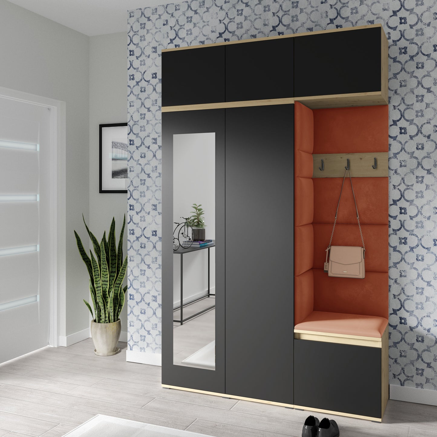 PK Emi 18 Hallway Wardrobe Artisan Oak / Black - Upholstered Panels in Various Colours