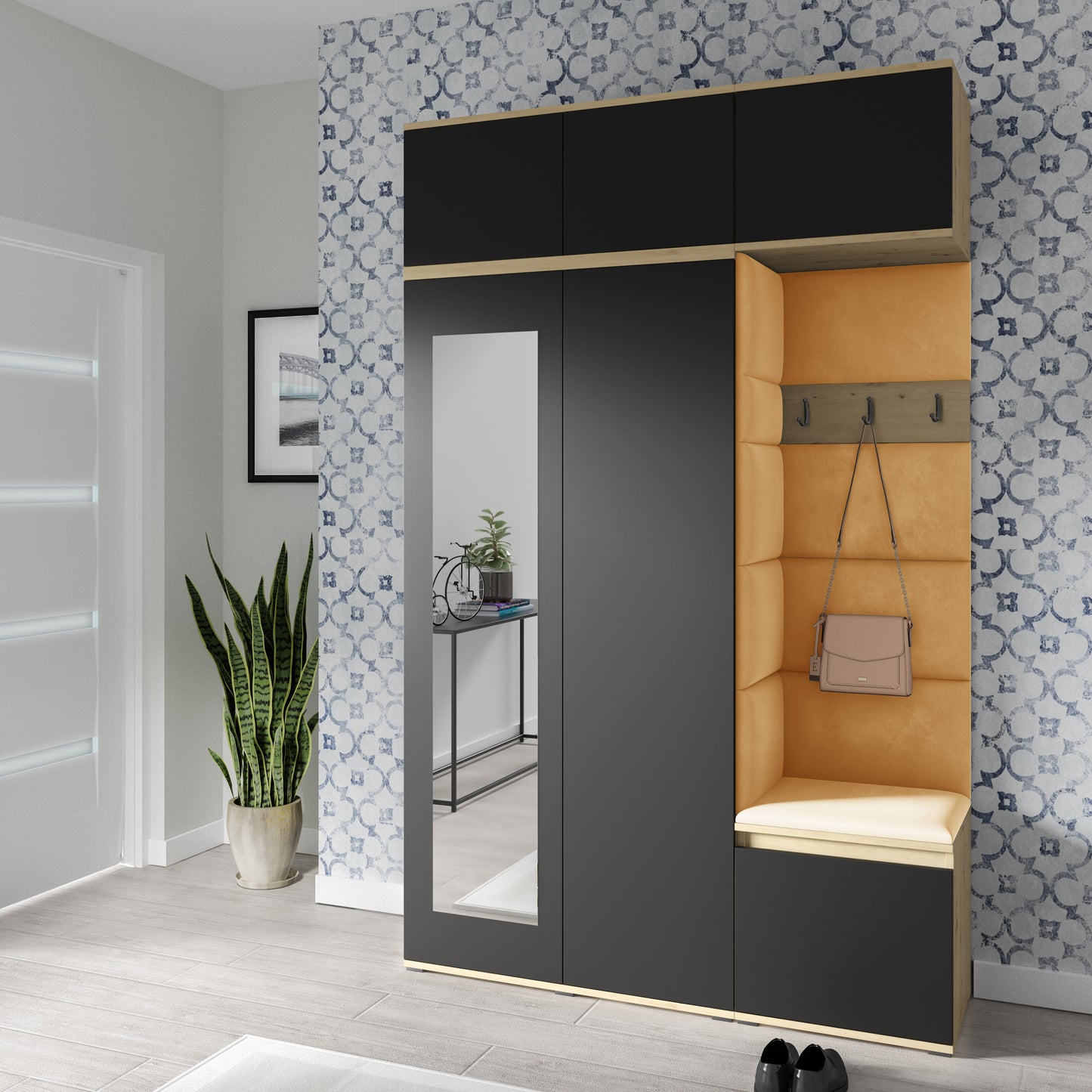 PK Emi 18 Hallway Wardrobe Artisan Oak / Black - Upholstered Panels in Various Colours
