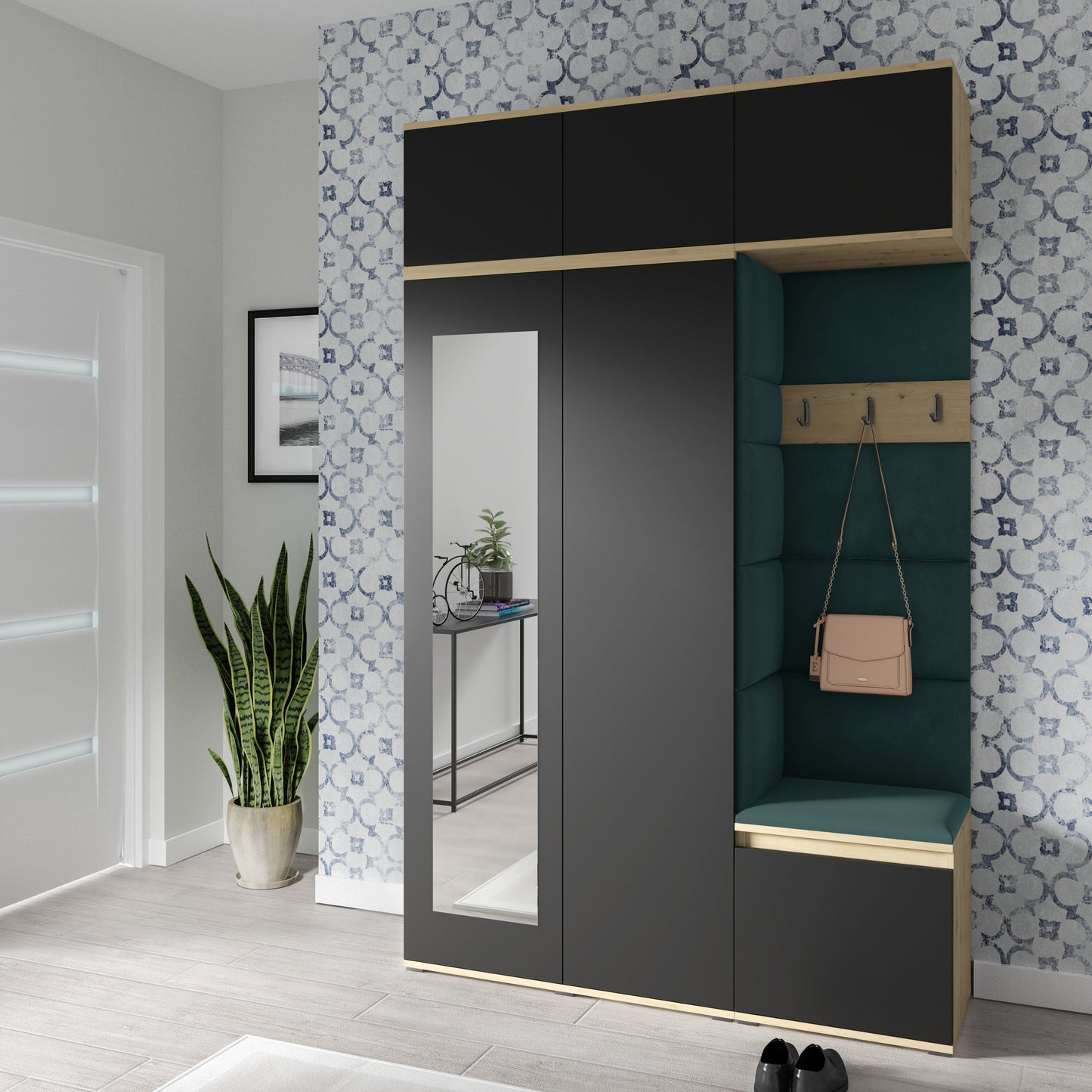 PK Emi 18 Hallway Wardrobe Artisan Oak / Black - Upholstered Panels in Various Colours