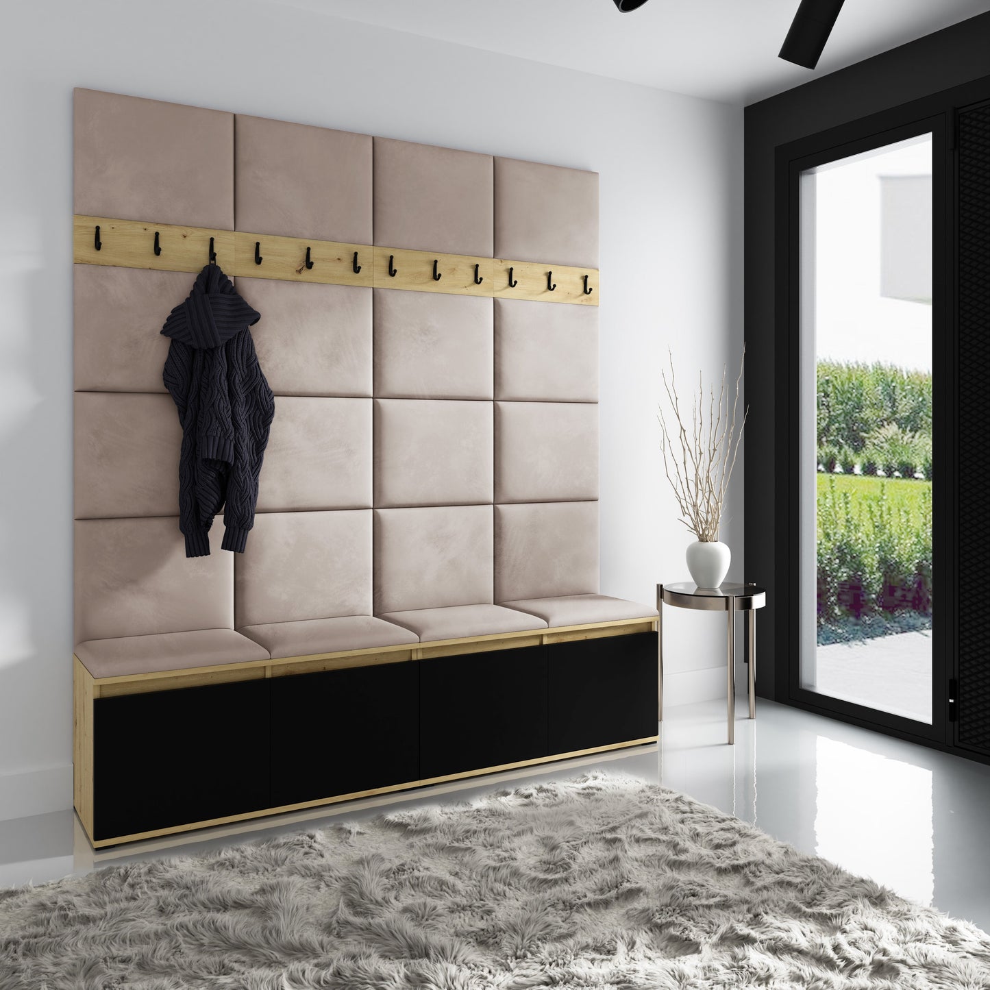 PK Emi 4 Hallway Wardrobe Artisan Oak / Black - Upholstered Panels in Various Colours