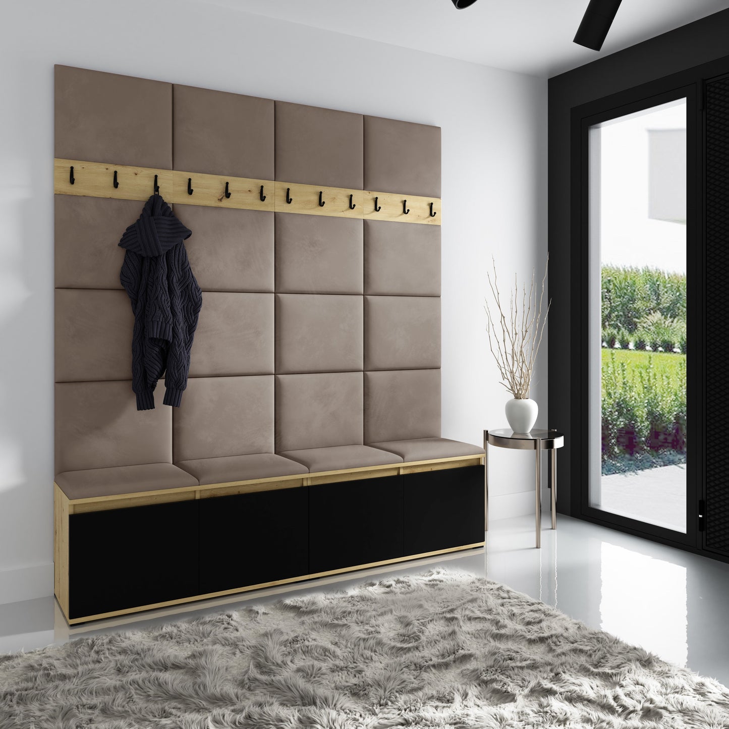 PK Emi 4 Hallway Wardrobe Artisan Oak / Black - Upholstered Panels in Various Colours