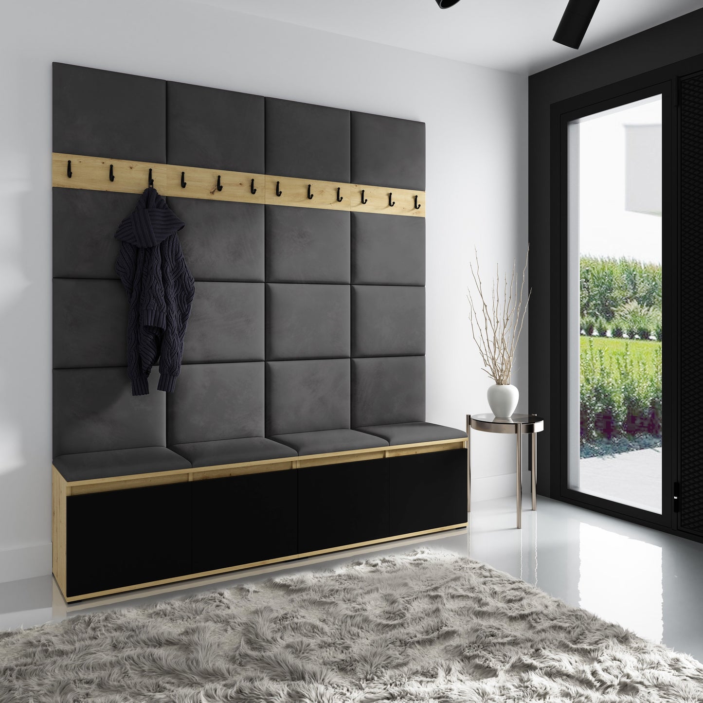 PK Emi 4 Hallway Wardrobe Artisan Oak / Black - Upholstered Panels in Various Colours