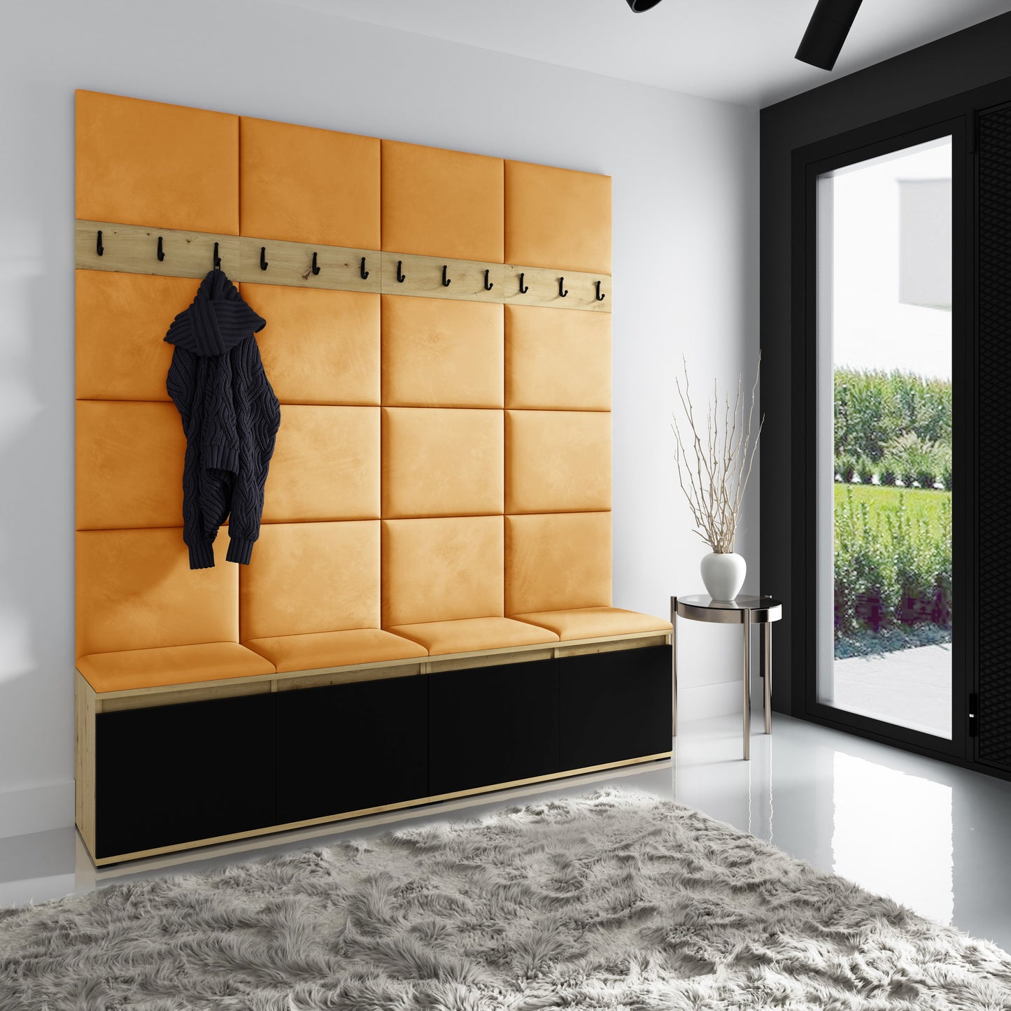 PK Emi 4 Hallway Wardrobe Artisan Oak / Black - Upholstered Panels in Various Colours