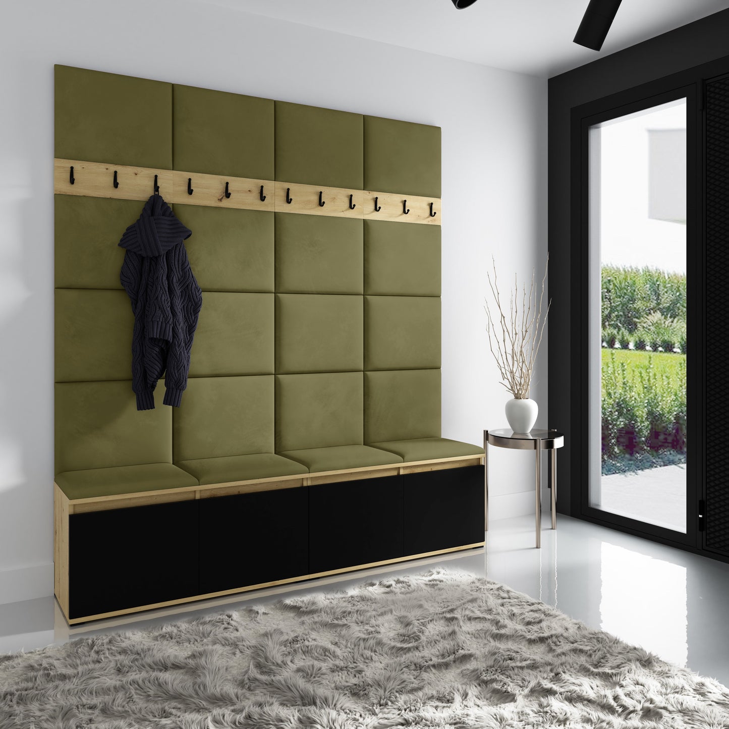PK Emi 4 Hallway Wardrobe Artisan Oak / Black - Upholstered Panels in Various Colours