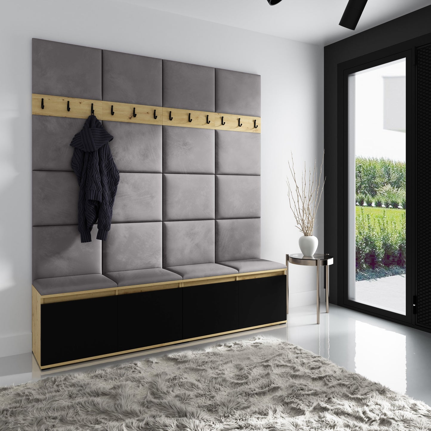 PK Emi 4 Hallway Wardrobe Artisan Oak / Black - Upholstered Panels in Various Colours