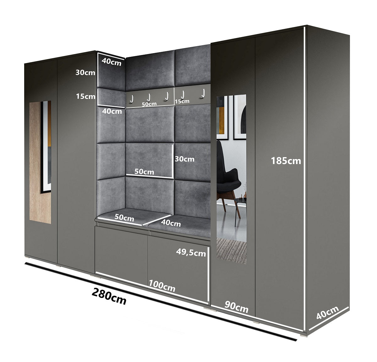 PK Emi 10 Hallway Wardrobe Artisan Oak / Black - Upholstered Panels in Various Colours