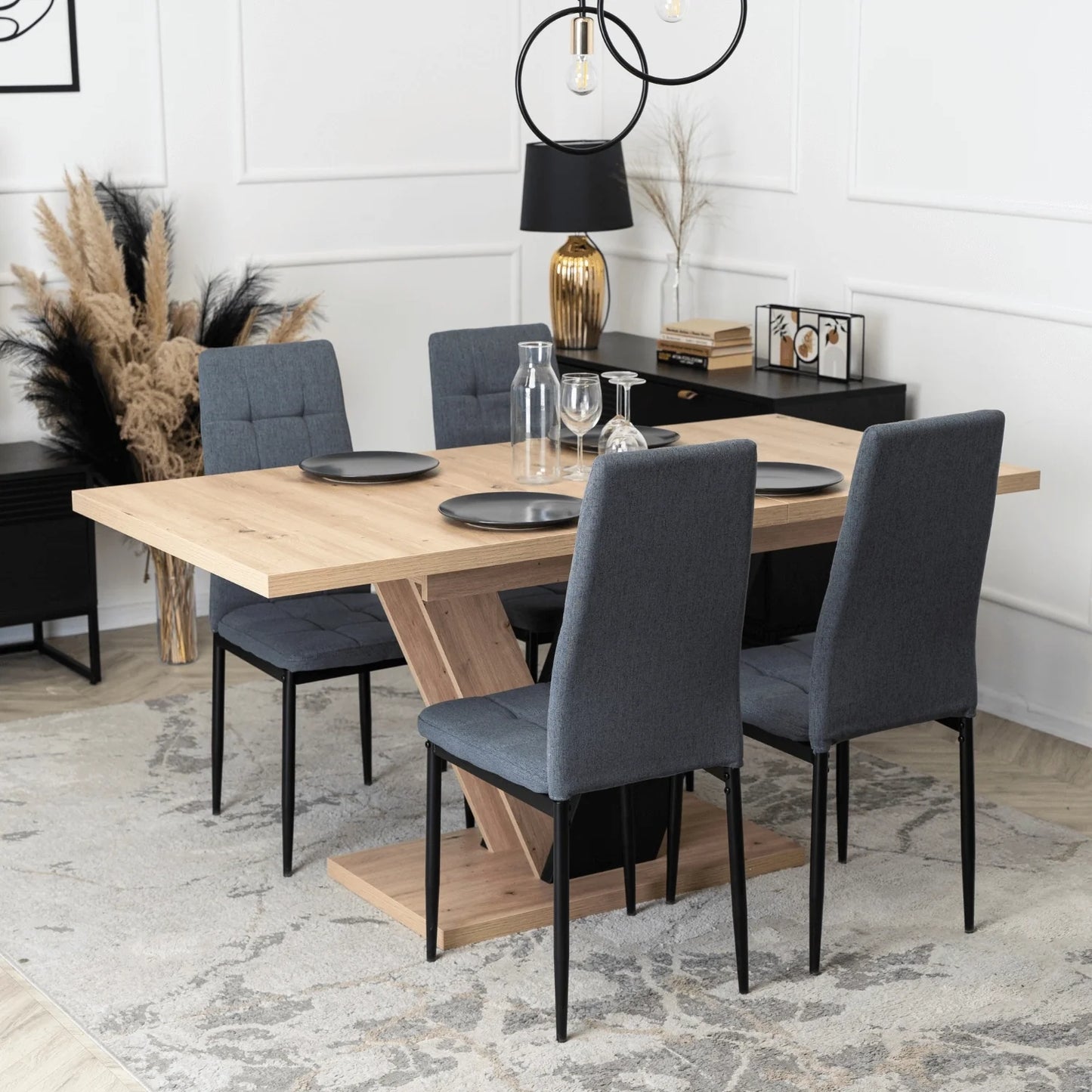 Elite CLARK Extendable Dining Set – 120-160 cm Artisan Oak Table & 4 TEX Dark Gray Chairs