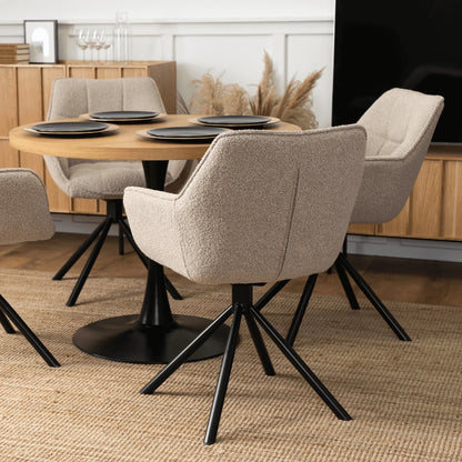 Elite LINO Dining Set – 100 cm Golden Oak/Black Round Table & 4 PEONY Beige Swivel Chairs