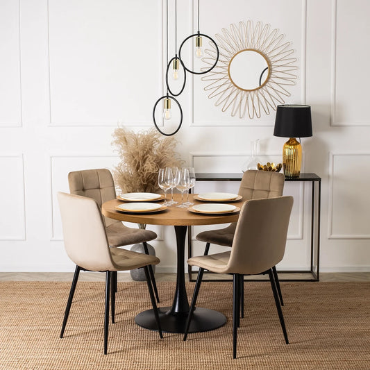 Elite LINO Dining Set – 100 cm Golden Oak/Black Round Table & 4 Beige PERU Chairs