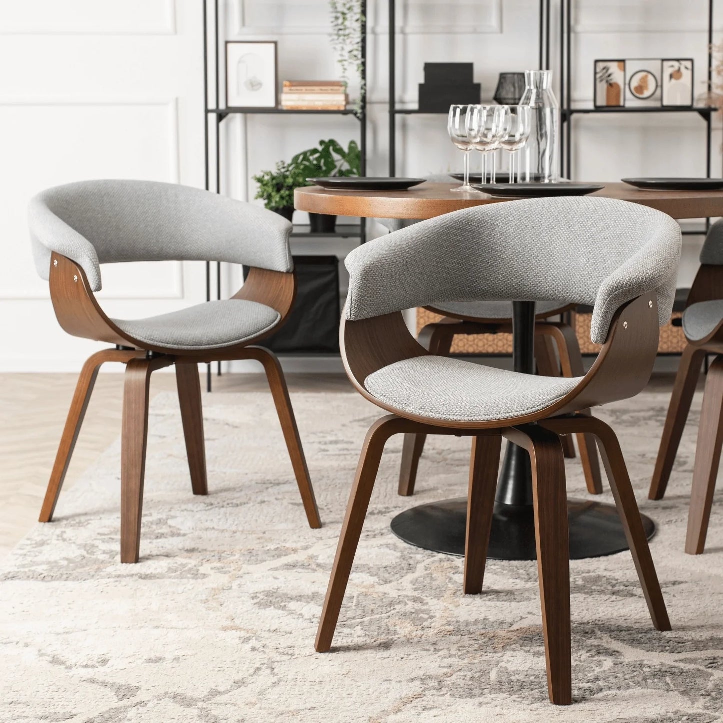 Elite LINO Dining Set – 100 cm Walnut/Black Round Table & 4 GARY 2 Grey/Walnut Chairs