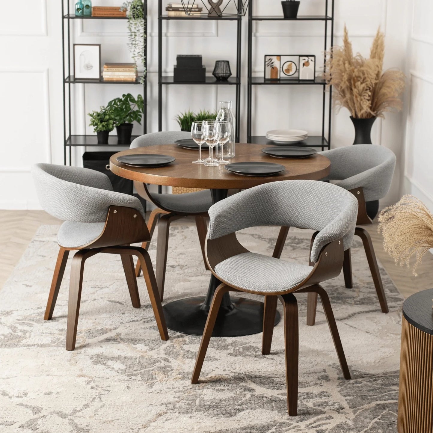 Elite LINO Dining Set – 100 cm Walnut/Black Round Table & 4 GARY 2 Grey/Walnut Chairs