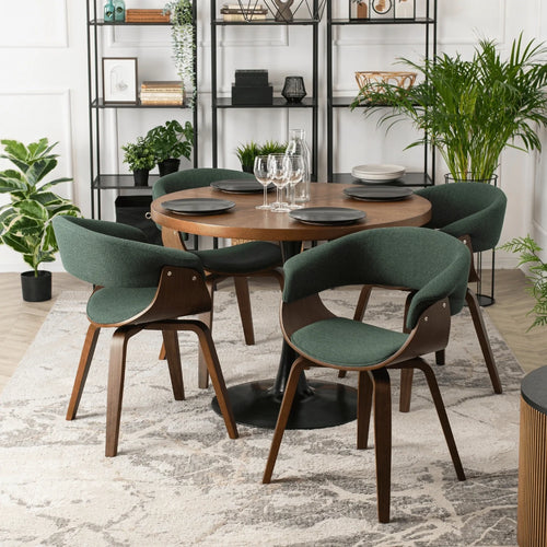 Elite LINO Dining Set – 100 cm Walnut/Black Round Table & 4 GARY 2 Green/Walnut Chairs