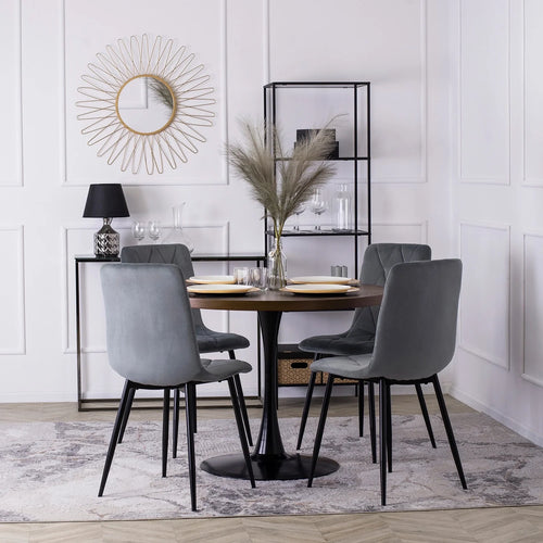 Elite LINO Dining Set – 100 cm Walnut/Black Round Table & 4 Grey ROBIN Chairs