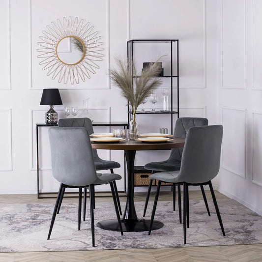Elite LINO Dining Set – 100 cm Walnut/Black Round Table & 4 Grey ROBIN Chairs