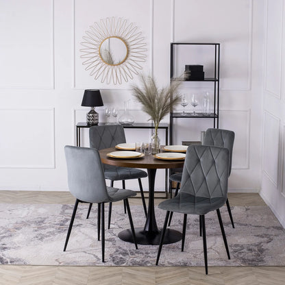 Elite LINO Dining Set – 100 cm Walnut/Black Round Table & 4 Grey ROBIN Chairs