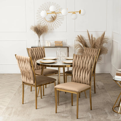 Elite TINGA Dining Set – 100 cm White Marble/Gold Round Table & 4 Beige DAN Chairs