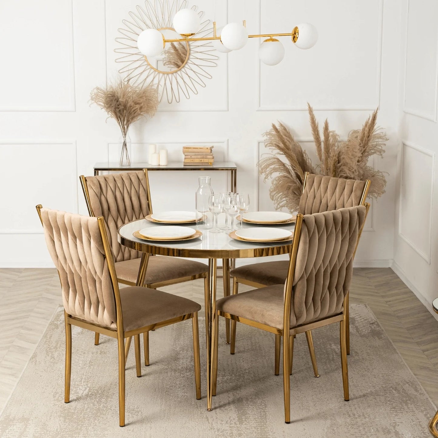 Elite TINGA Dining Set – 100 cm White Marble/Gold Round Table & 4 Beige DAN Chairs