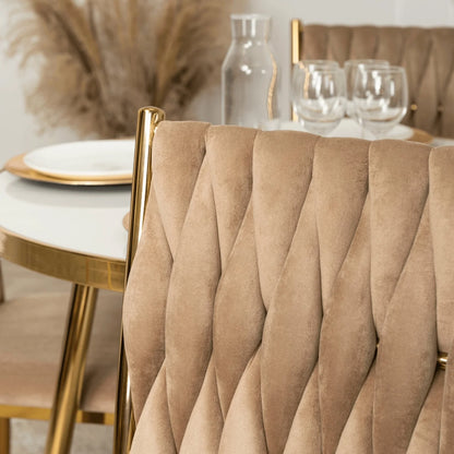 Elite TINGA Dining Set – 100 cm White Marble/Gold Round Table & 4 Beige DAN Chairs