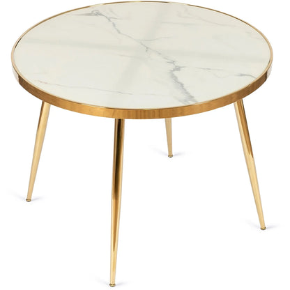 Elite TINGA Dining Set – 100 cm White Marble/Gold Round Table & 4 Beige DAN Chairs