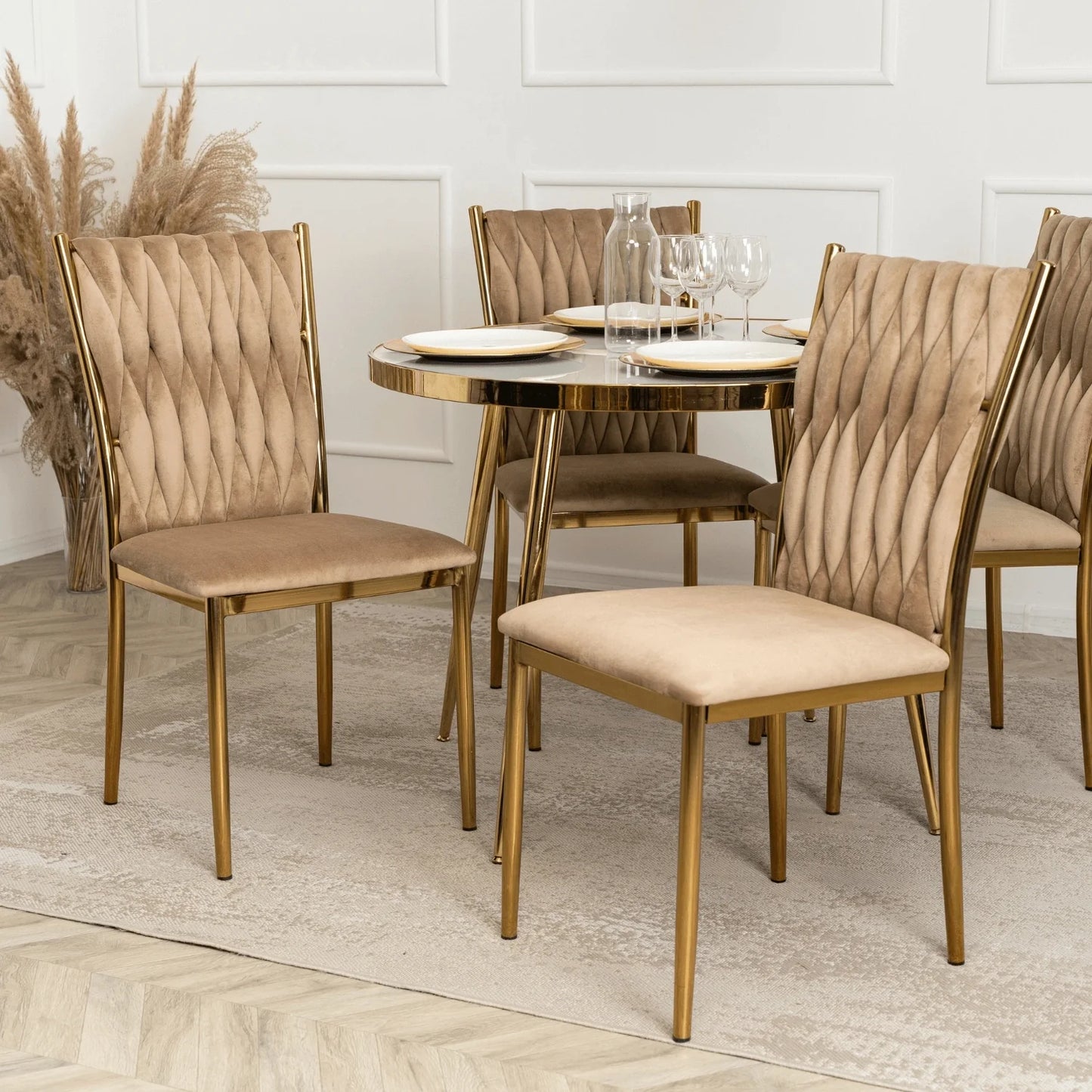 Elite TINGA Dining Set – 100 cm White Marble/Gold Round Table & 4 Beige DAN Chairs