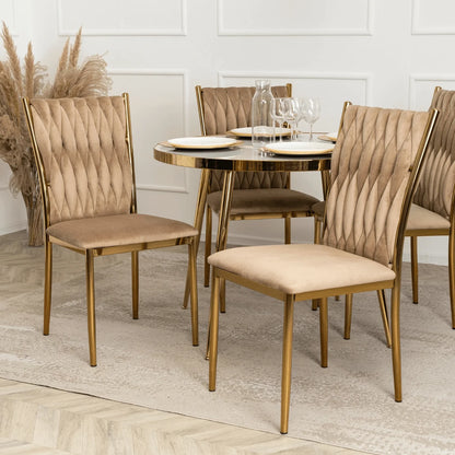 Elite TINGA Dining Set – 100 cm White Marble/Gold Round Table & 4 Beige DAN Chairs