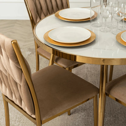 Elite TINGA Dining Set – 100 cm White Marble/Gold Round Table & 4 Beige DAN Chairs
