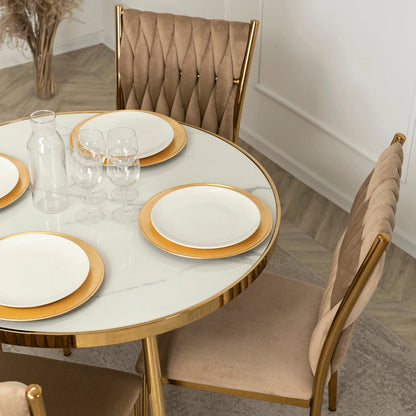 Elite TINGA Dining Set – 100 cm White Marble/Gold Round Table & 4 Beige DAN Chairs
