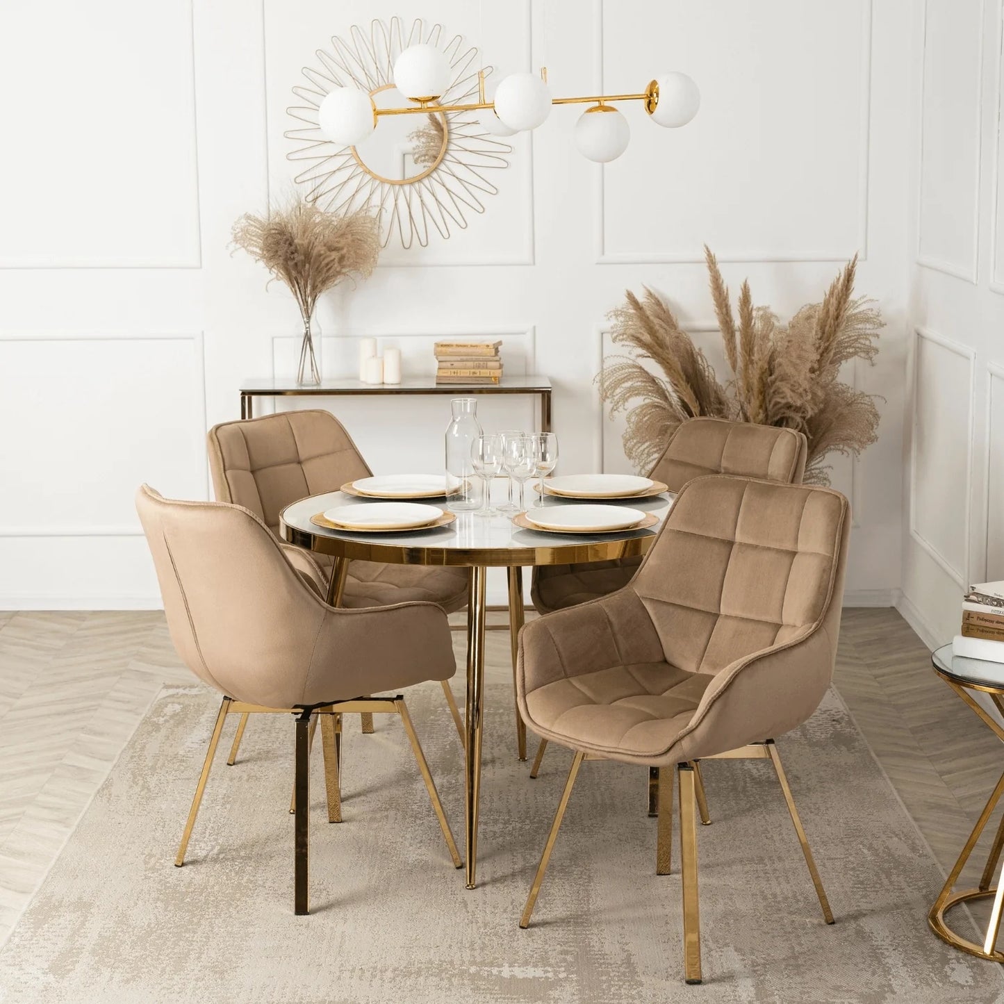 Elite TINGA Dining Set – 100 cm White Marble/Gold Table & 4 MIA Beige Chairs