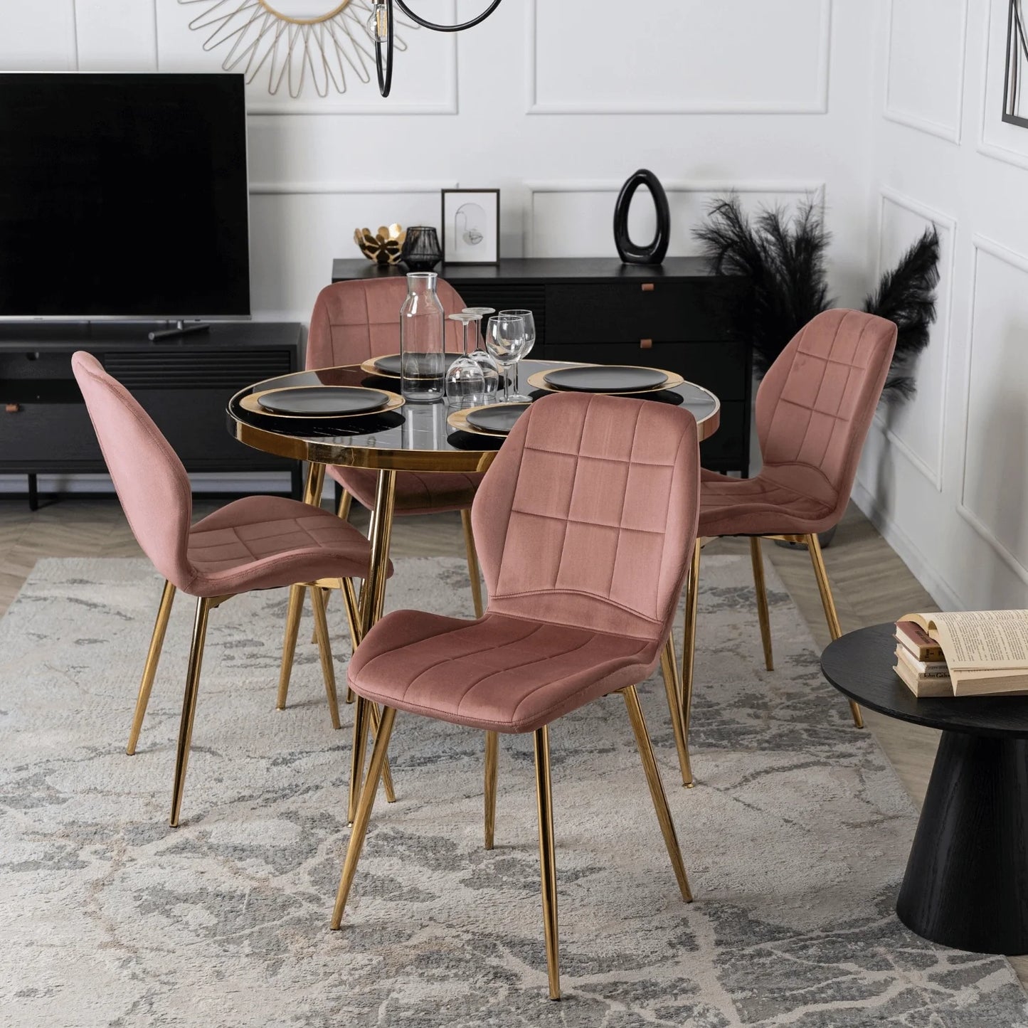 Elite TINGA Dining Set – 100 cm Black/Gold Table & 4 IRYS Pink Chairs