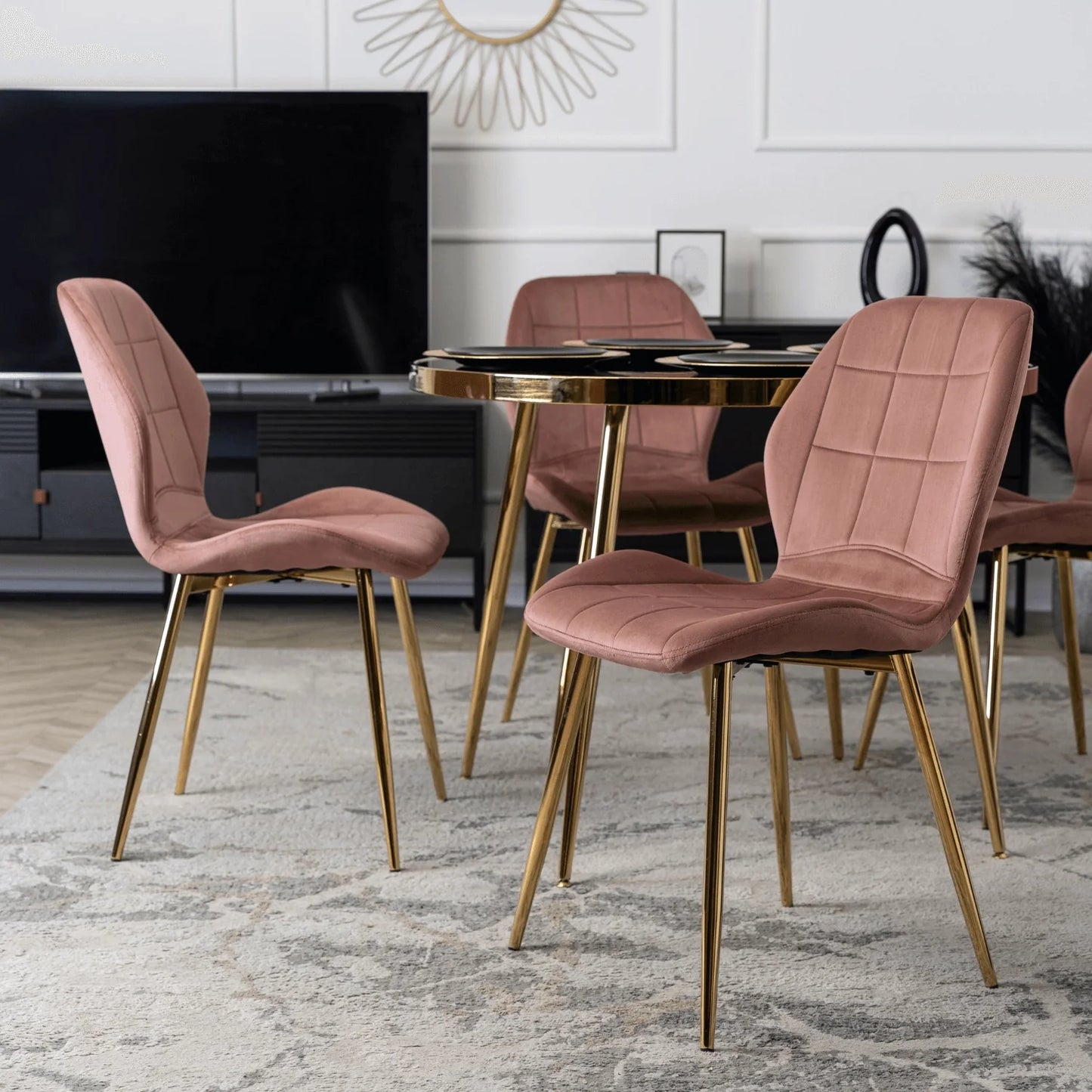 Elite TINGA Dining Set – 100 cm Black/Gold Table & 4 IRYS Pink Chairs