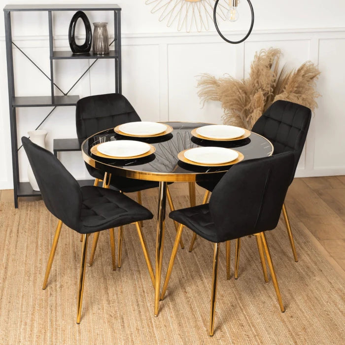 Elite TINGA Dining Set – 100 cm Black/Gold Table & 4 LUCKY Black Velvet Chairs