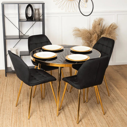 Elite TINGA Dining Set – 100 cm Black/Gold Table & 4 LUCKY Black Velvet Chairs
