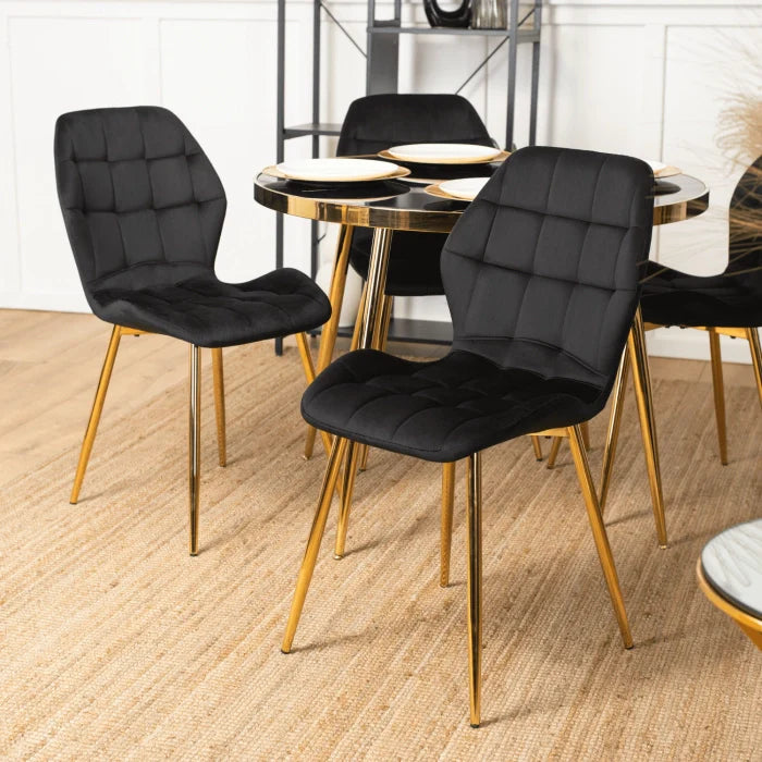 Elite TINGA Dining Set – 100 cm Black/Gold Table & 4 LUCKY Black Velvet Chairs