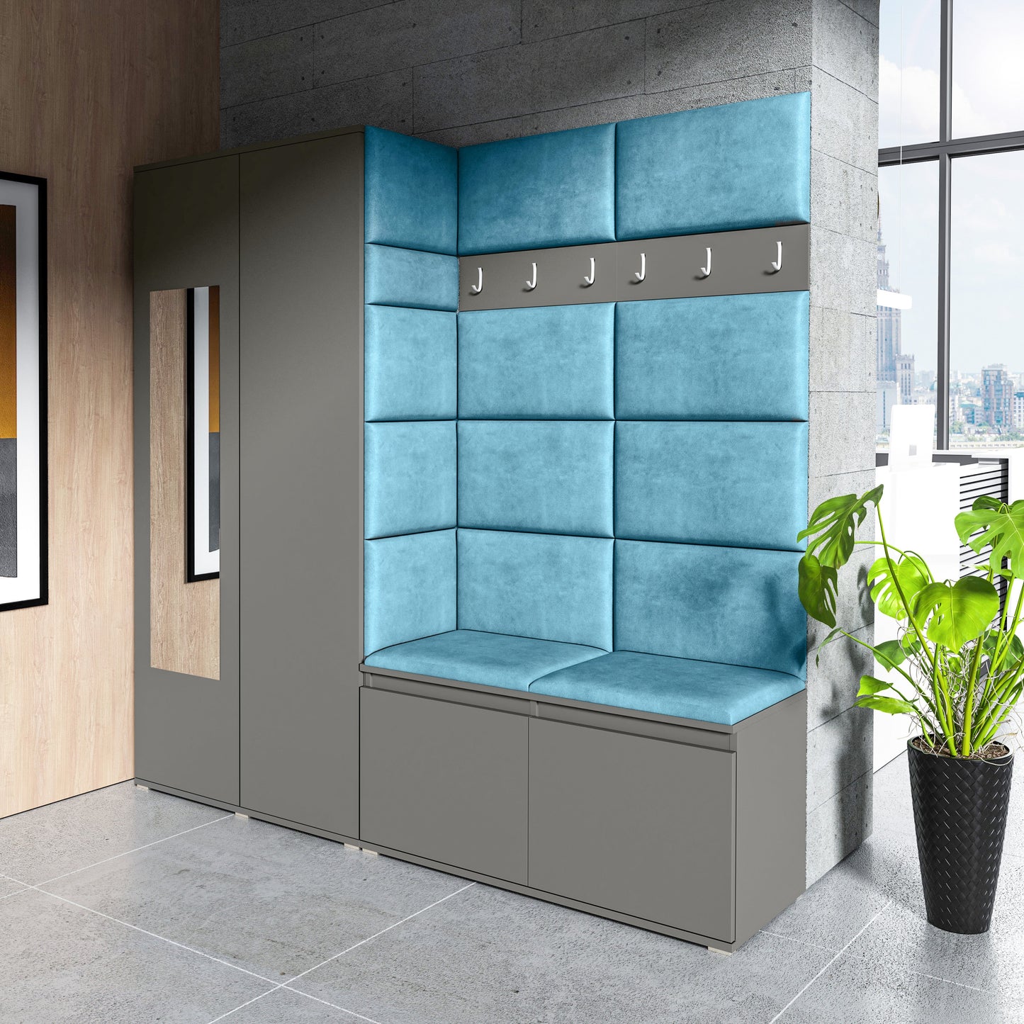 PK Emi 8 Hallway Wardrobe Graphite - Upholstered Panels in Various Colours